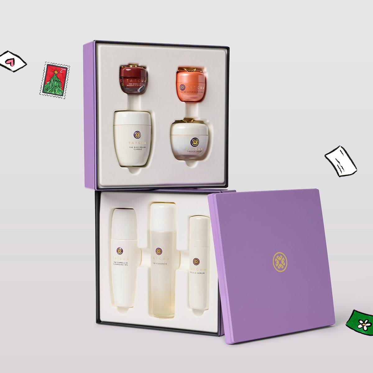Ritual for Smooth, Radiant Skin from Tatcha: The Camellia Cleansing Oil, Essence, Silk Serum, Rice Polish: Classic, Silk Cream, Brightening Eye Cream, and Kissu Lip Mask in Japanese Maple Red